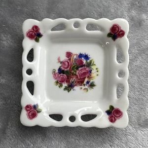 Vintage Ring Dish Vanity Tray Porcelain Floral Pink Rose VTG Tiny Plate Decor